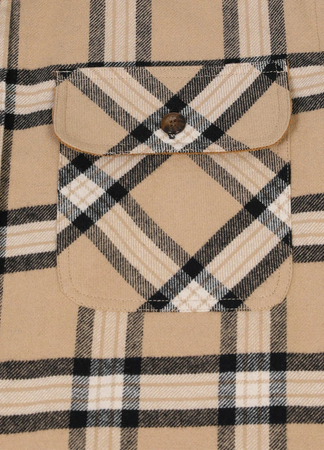 Close-up of the pocket of light khaki men's midweight plaid flannel shirt