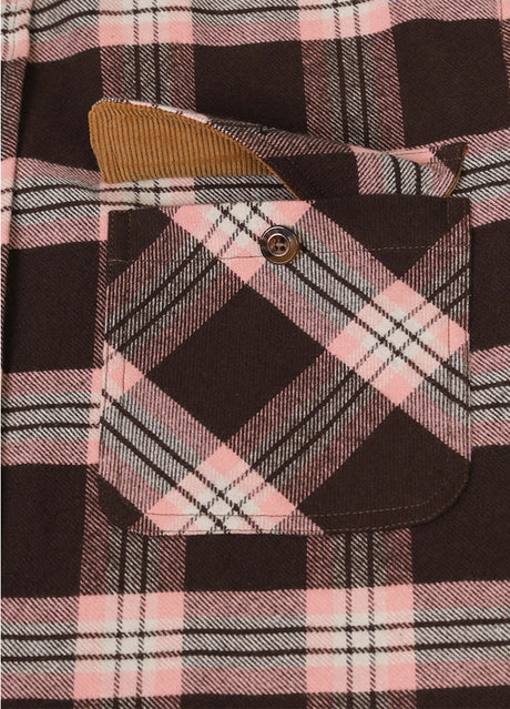 Close-up of the pocket of pink coffee men's midweight plaid flannel shirt