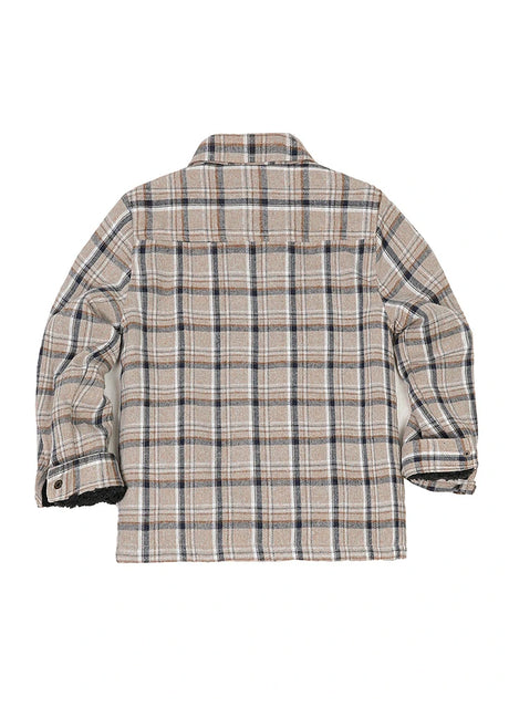 Back view of kid's dusk sherpa fleece lined flannel jacket