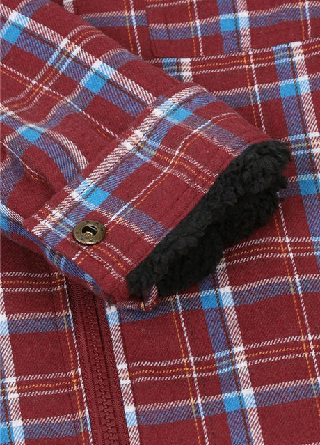 Detailed close-up of kid's burgundy flannel jacket with cuff