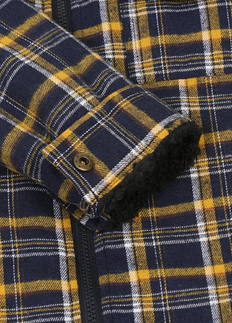 Detaied view of kid's navy gold flannel jacket cuffs with snap button