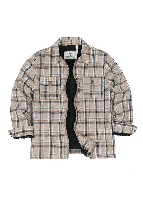 Front view of kid's dusk sherpa fleece flannel shirt jacket