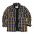 Front view of kid's navy gold sherpa fleece flannel shirt jacket