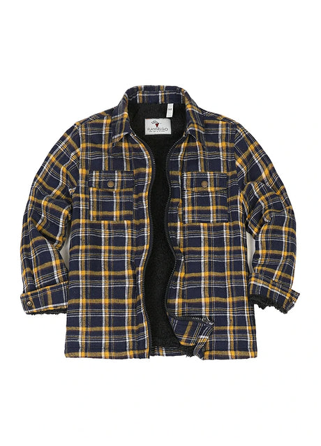 Front view of kid's navy gold sherpa fleece flannel shirt jacket