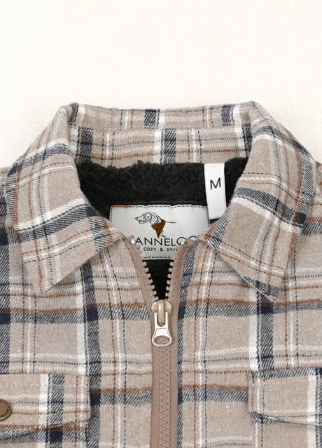 Close-up of kid's dusk zip up flannel jacket with the collar