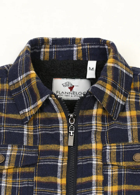 Close-up of kid's navy gold zip up flannel jacket with the collar