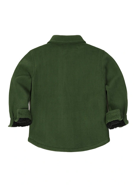 Back view of kids army green fleece flannel shirt jacket