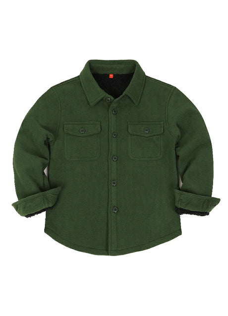 Front view of kids army green fleece shirt jacket buttoned