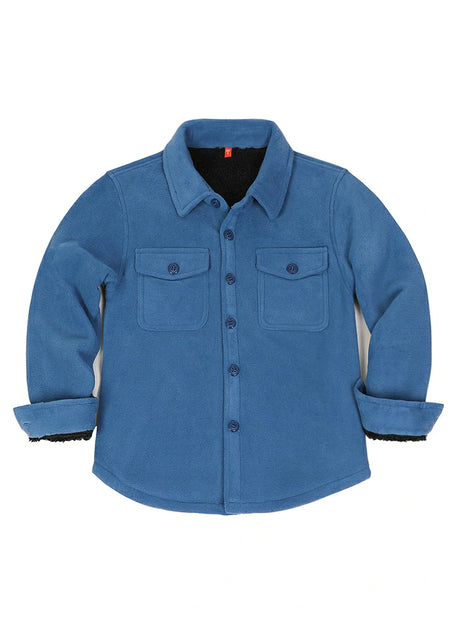 Front view of kids light blue fleece shirt jacket buttoned