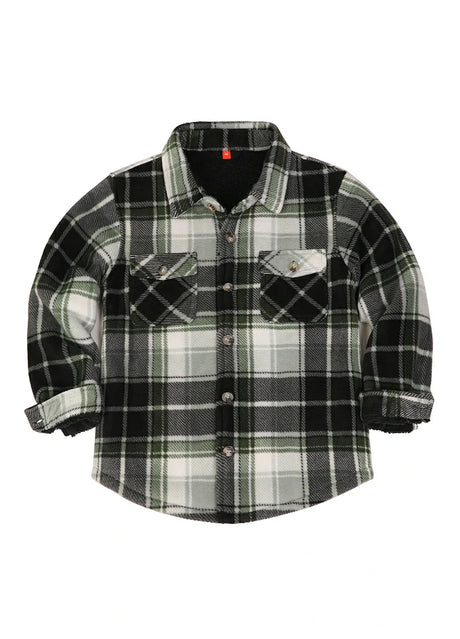 Front view of kids midnight dawn fleece shirt jacket buttoned