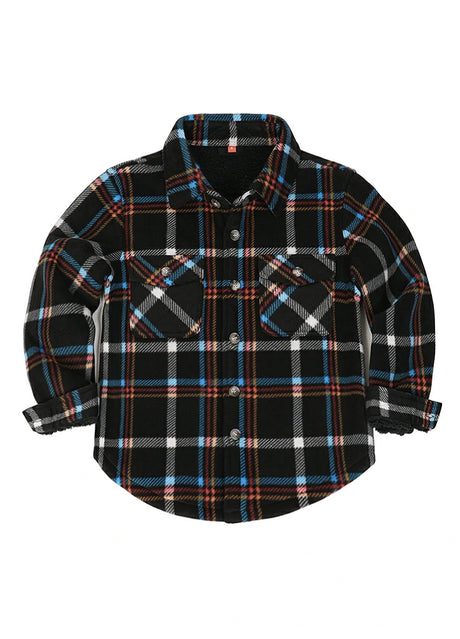 Front view of kids midnight sky fleece shirt jacket buttoned