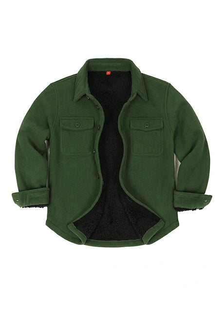 Front view of kids army green fleece flannel shirt jacket