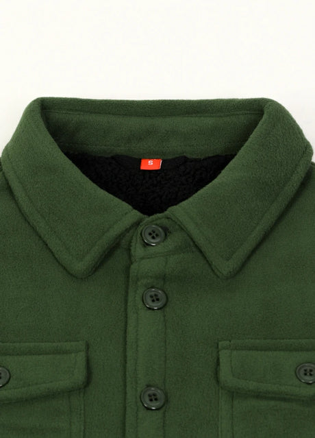 Detail of kids army green flannel jacket with collar