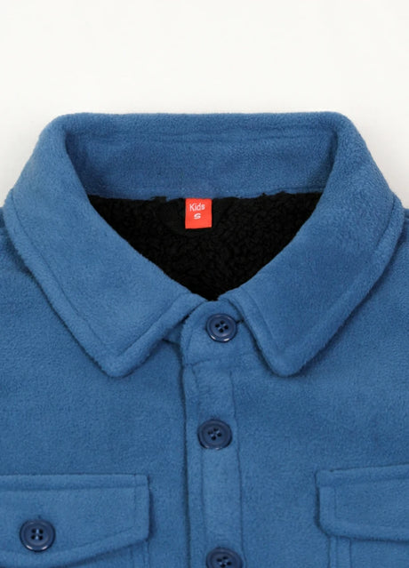 Close-up of kids light blue fleece shirt jacket with collar