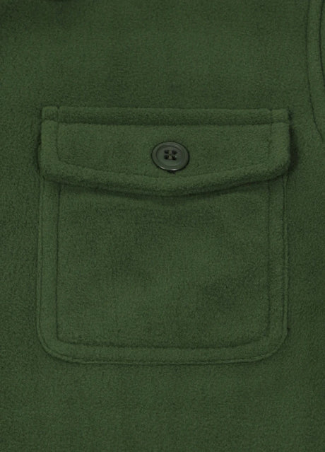 Close-up of the kids army green flannel jacket pocket with button