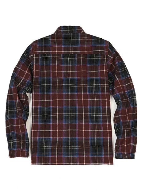 Back view of raspberry blue men's zip up plaid cotton jacket