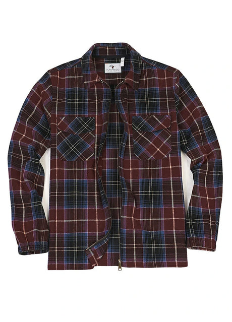 Front view of raspberry blue men's zip up plaid jacket