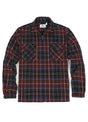 Front view of the zipper closed of raspberry men's warm zip up plaid jacket