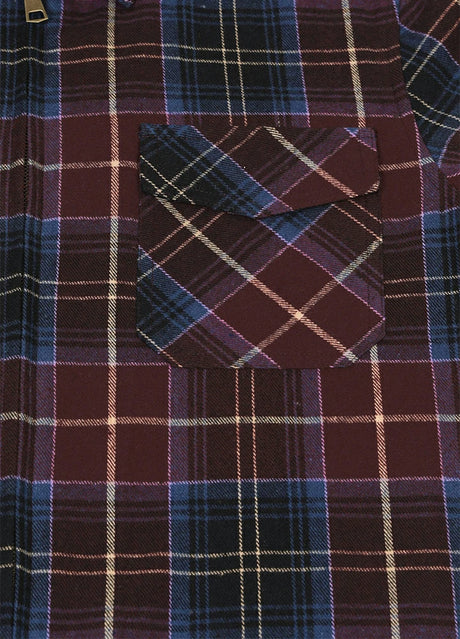 Close-up of the pocket of raspberry blue men's warm mocha zip up plaid jacket