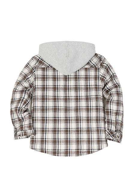 Back view of kids snap button hooded flannel shirt jacket