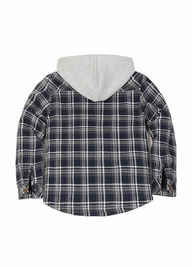 Back view of kids navy gray snap button flannel shirt jacket