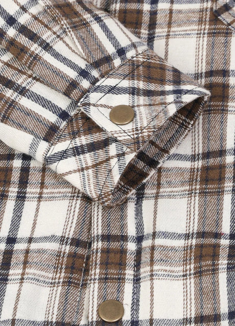 Detail of kids coffee navy hooded flannel shirt jacket with cuffs