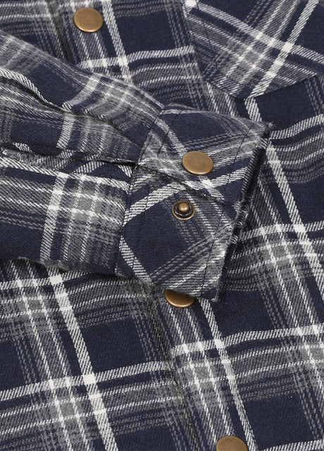 Detail of kids navy gray hooded flannel shirt jacket with cuffs