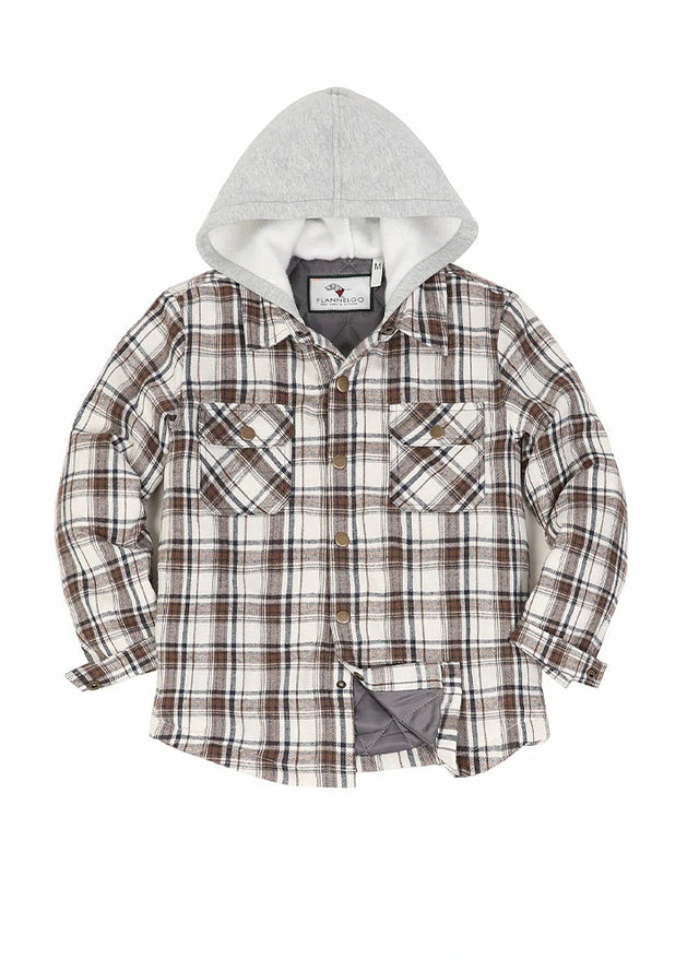 Front view of kids hooded flannel shirt jacket buttoned