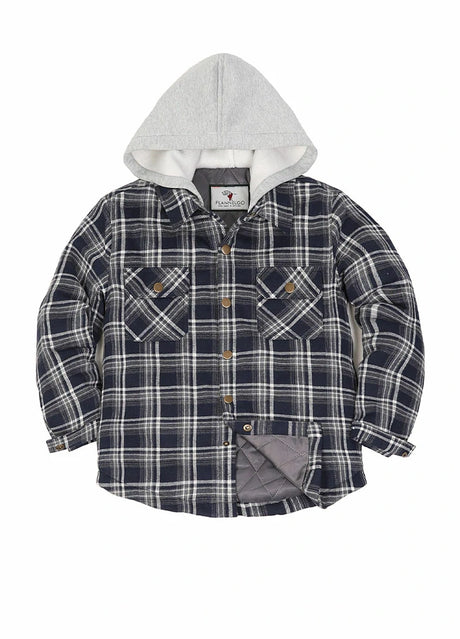 Front view of kids navy gray flannel shirt jacket buttoned