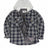 Front view of kids navy gray quilted lined hooded flannel shirt jacket