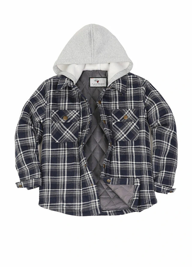 Front view of kids navy gray quilted lined hooded flannel shirt jacket