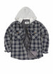 Front view of kids navy gray quilted lined hooded flannel shirt jacket