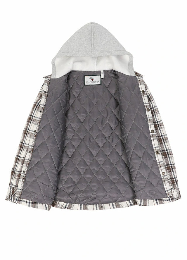 Quilted lined detail on kids coffee navy hooded flannel shirt jacket