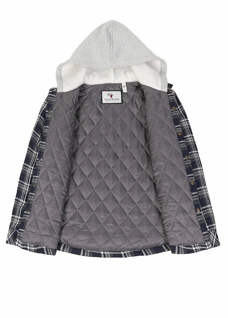 Quilted lined detail on kids navy gray hooded flannel shirt jacket