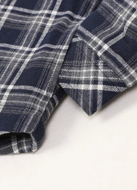 Zoomed-in view of kids navy gray hooded flannel shirt jacket with hand pocket