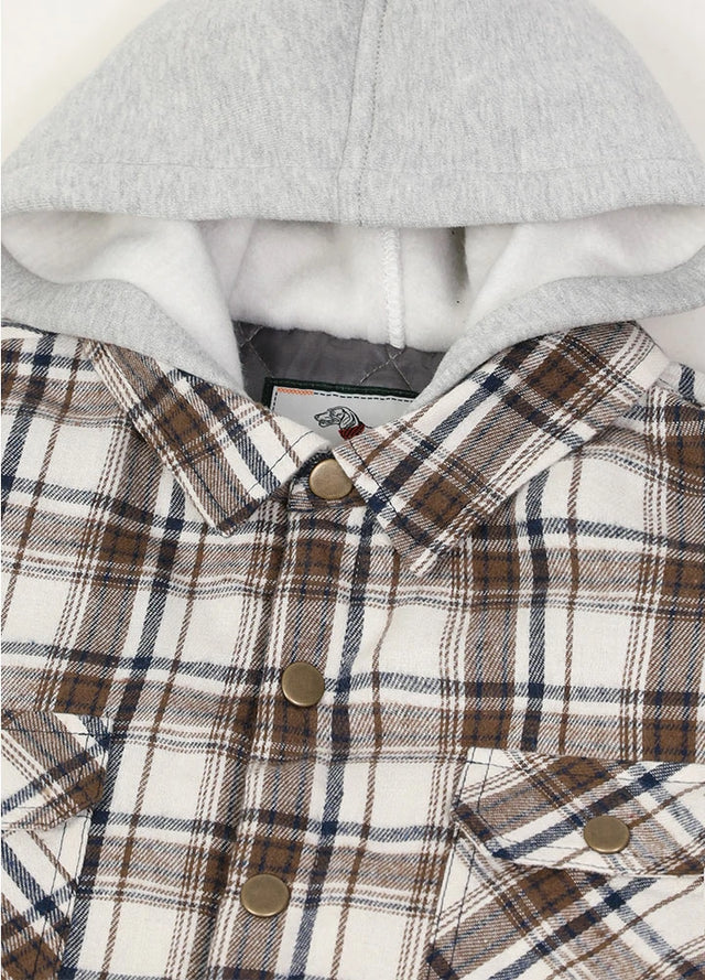 Detail of soft hood on kids snap button hooded flannel shirt jacket