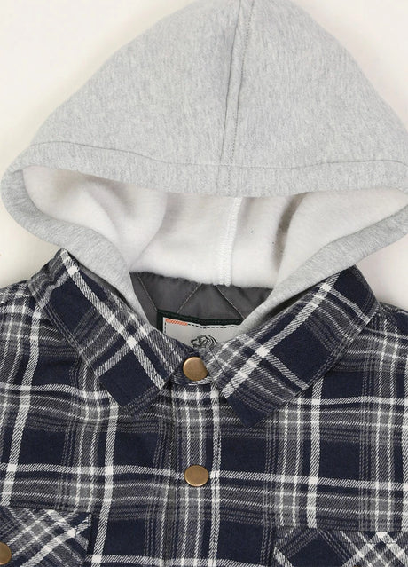 Detail of hood on kids navy gray hooded flannel shirt jacket