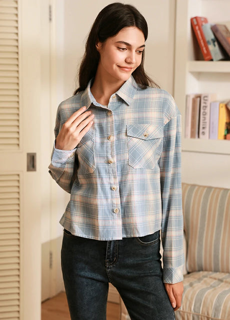 Women's Breathable Flannel Cropped Plaid Shirt