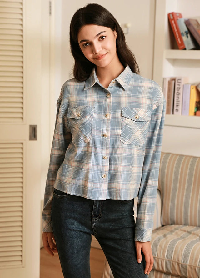 Women's Breathable Flannel Cropped Plaid Shirt