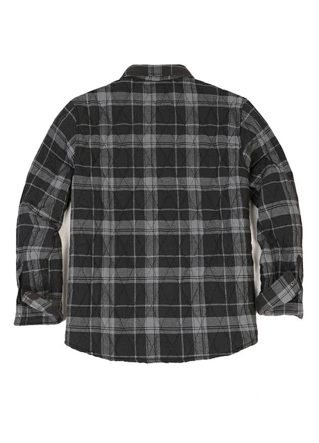 Back view of charcoal haze men's quilted lined snap plaid jacket