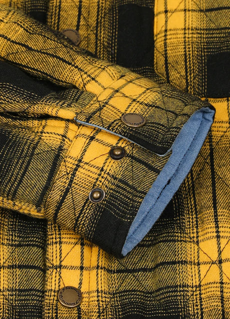 Close-up of the cuff of bold yellow men's quilted lined winter shirt jacket