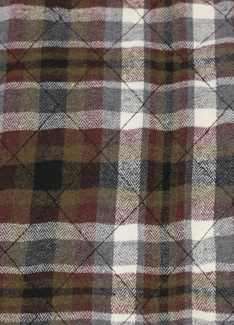 Detail view of the fabric of coffee white men's cozy quilted lined plaid shacket