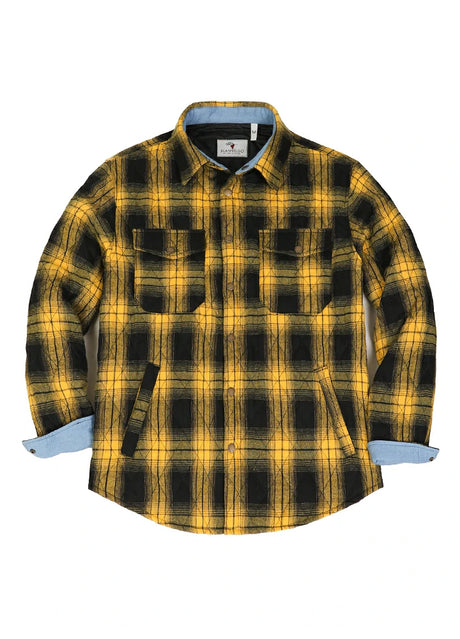 Front view of button closed bold yellow men's quilted lined plaid jacket