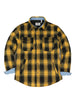 Front view of button closed bold yellow men's quilted lined plaid jacket