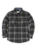 Front view of button closed charcoal haze men's quilted lined plaid jacket