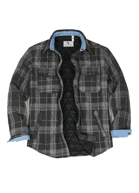 Front view of charcoal haze men's quilted lined plaid shirt jacket