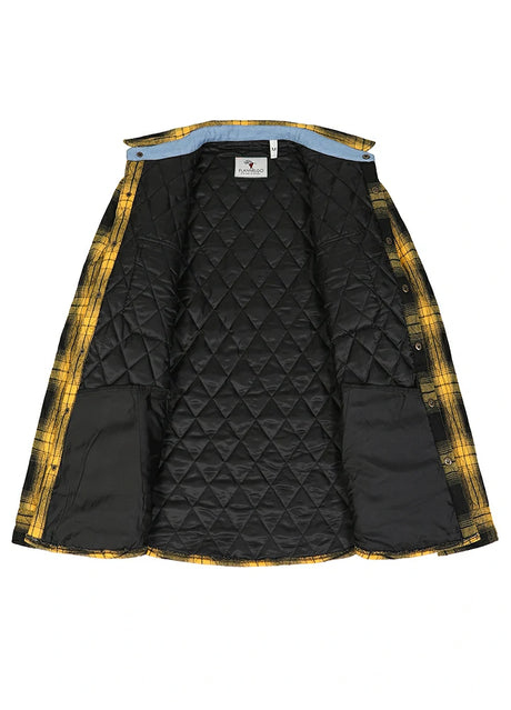 Front view of the lining of bold yellow men's warm quilted lined plaid jacket