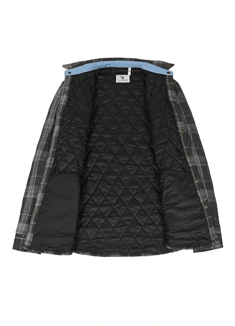 Front view of the lining of charcoal haze men's warm quilted lined plaid jacket