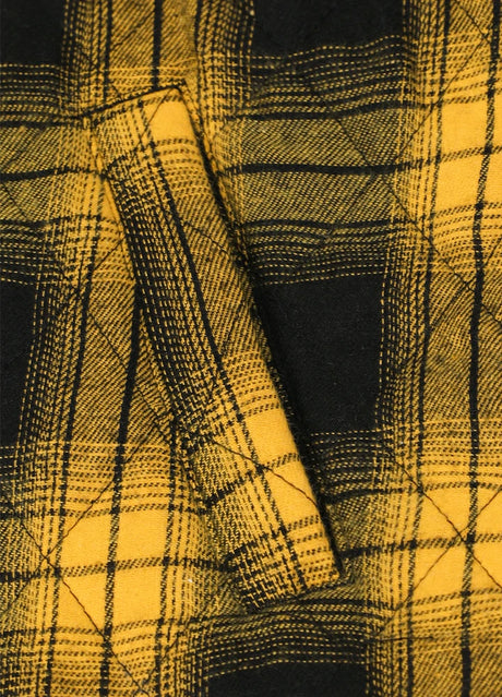 Close-up of the handpocket of bold yellow men's plaid shirt jacket with quilted lining