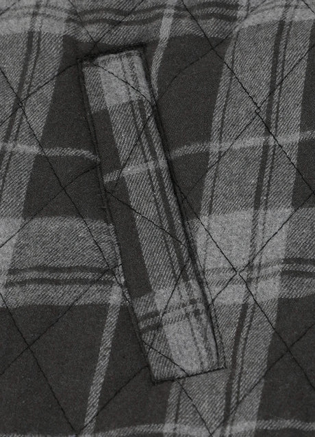 Close-up of the hand pocket of charcoal haze men's plaid shirt jacket with quilted lining